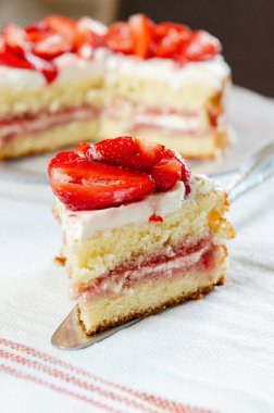 Beyaz tabakta taze çilekli kek dilimi..