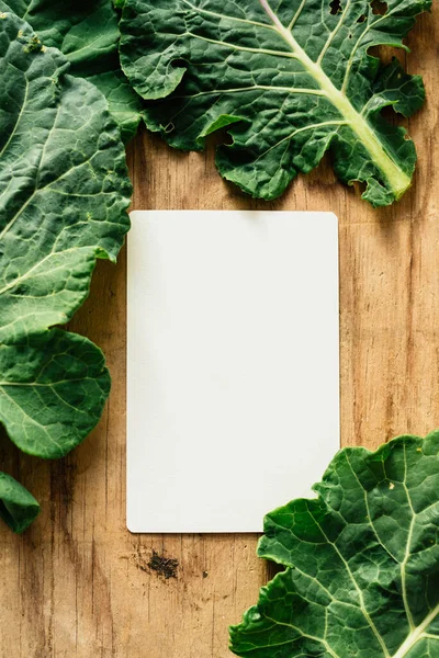 Blank Paper Fresh Collard Leafs Wooden Background — Stock Photo, Image