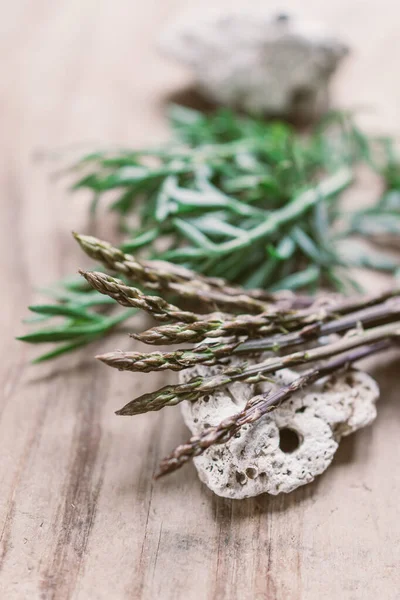 Wild Asparagus Sea Fennel Wooden Board Stock Picture