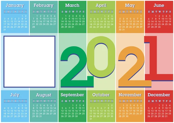 2021 Calendar Vertical Coloured Stripes Square Photo Frame English Laguage — Stock Vector