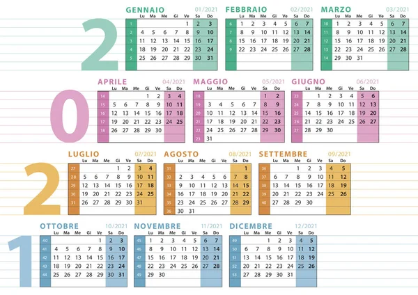 2021 Italiensk Kalender Med Antal Veckor Rader För Att Skriva — Stock vektor