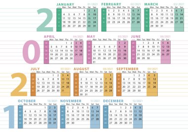 Haftanın sayısıyla 2021 İngilizce dil takvimi, yazılacak satırlar, mevsimsel bölme ve pastel renkler