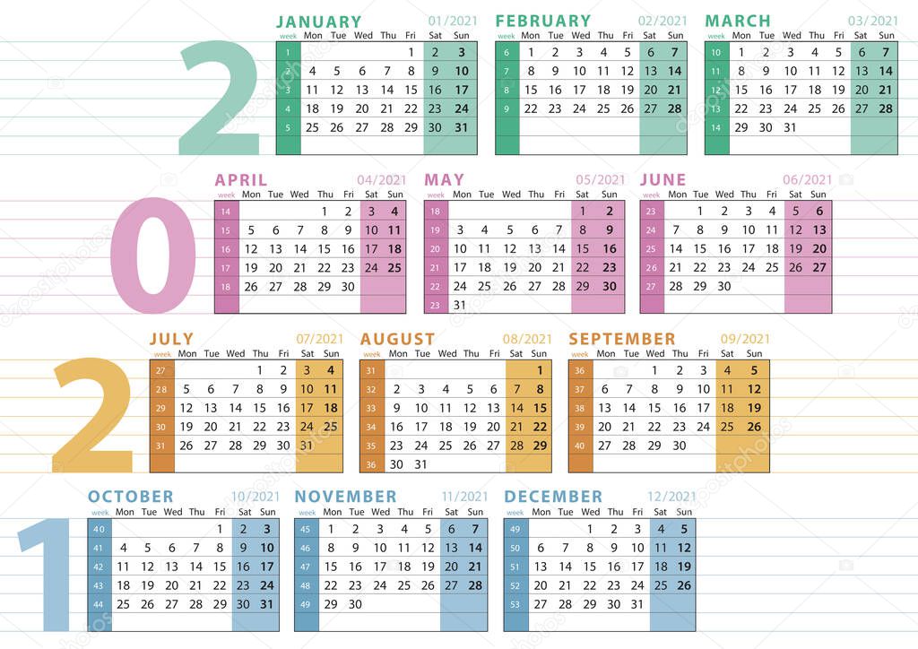 2021 english language calendar with number of week, lines to type text, seasonal division and pastel colours