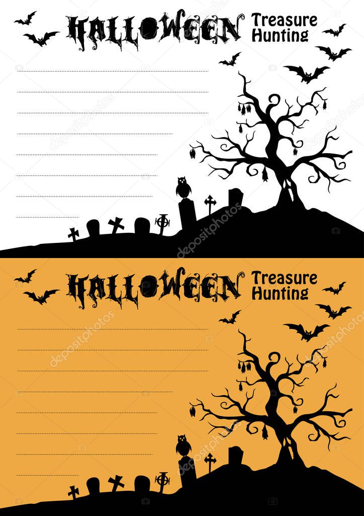 Layout for Halloween Home Party Treasure Hunting Card, with bllank lines to type our text, two colours background