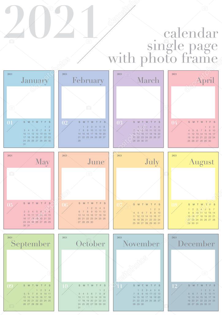 calendar 2021 single page with big empty photo frame, for personal use. Light Pastel colours background, english language