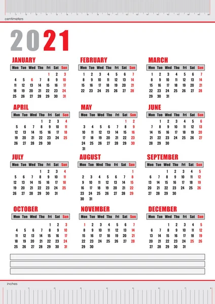 Basic Style 2021 Calendar Two Rulers English Language — Stock Vector