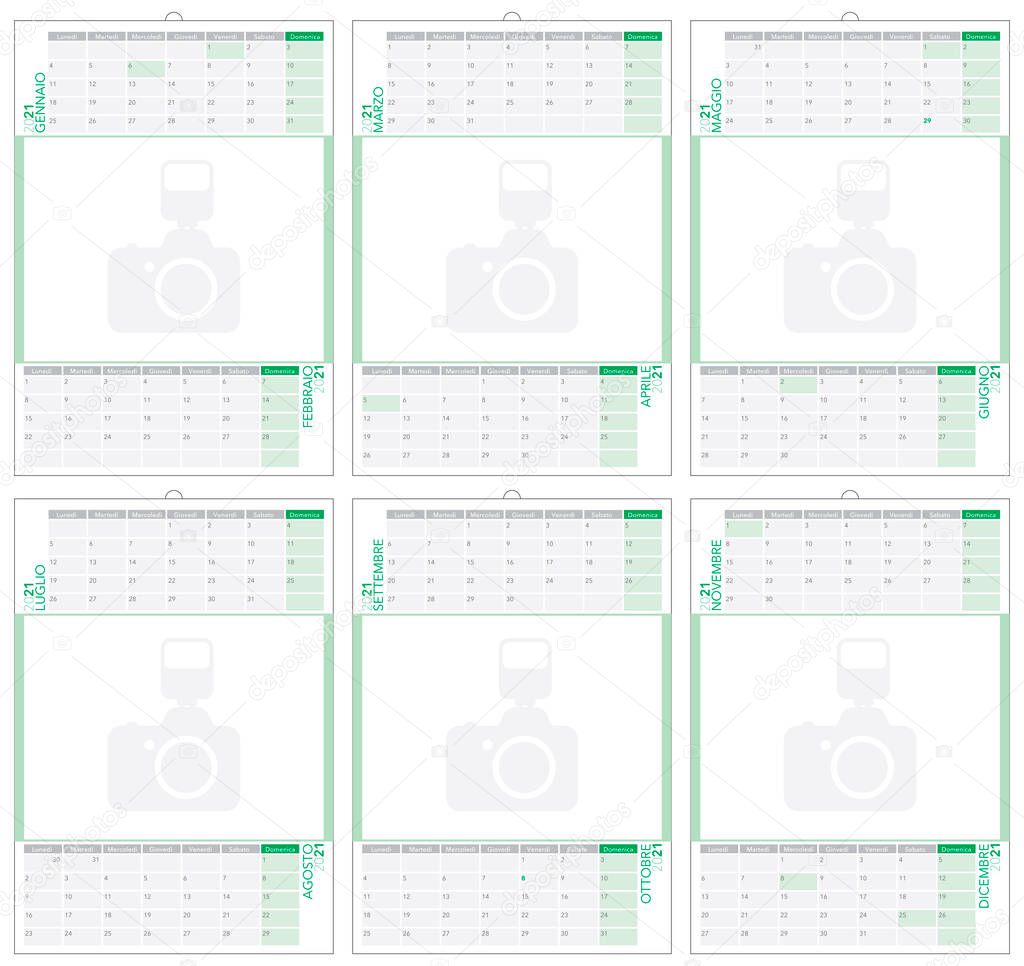 calendar 2021 with double month on a page, big photo frame and empty space around the days to type text. Italian version