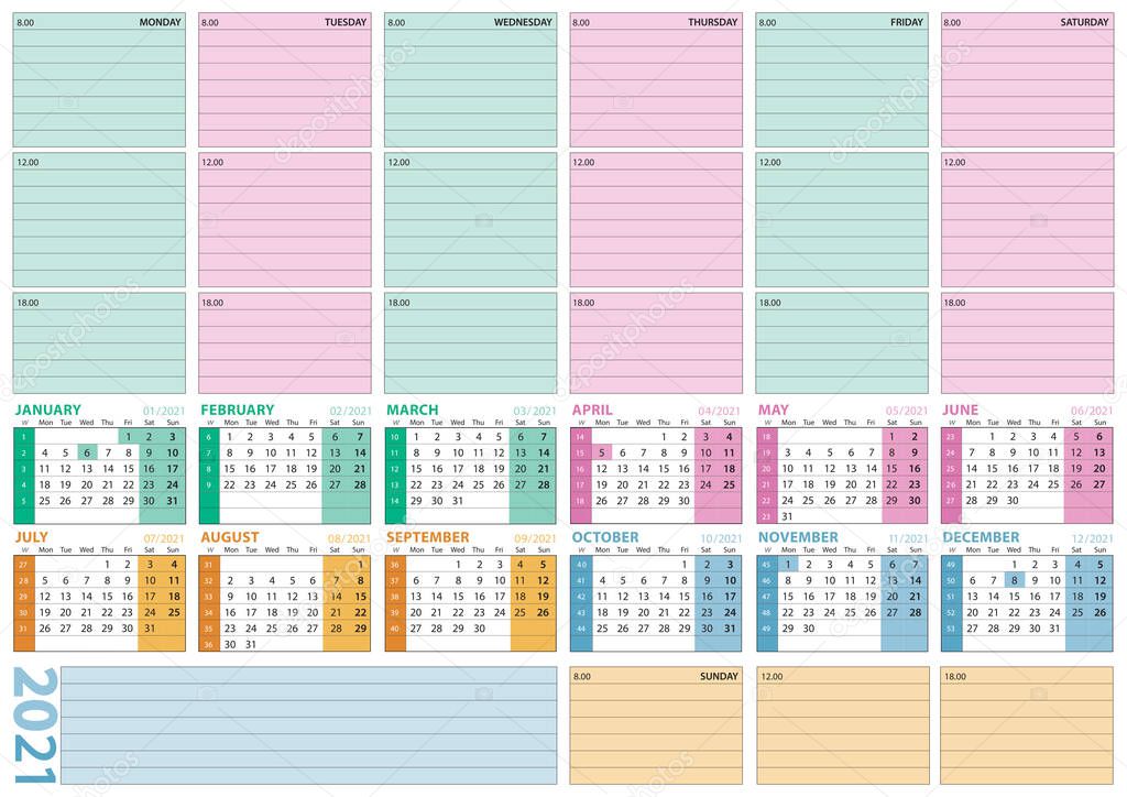 commercial style planning and calendar 2021 with flat colours and empty space for text, with number of weeks