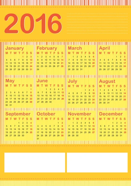 2016 вертикальний календар англійською — стоковий вектор