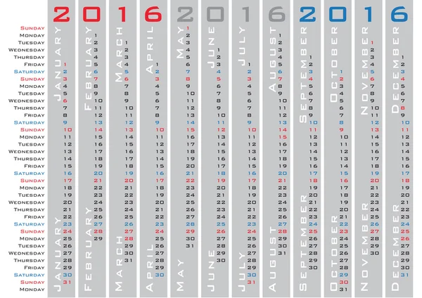 Calendario de días verticales 2016 plantilla — Archivo Imágenes Vectoriales