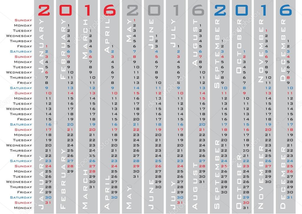 vertical days calendar 2016 template