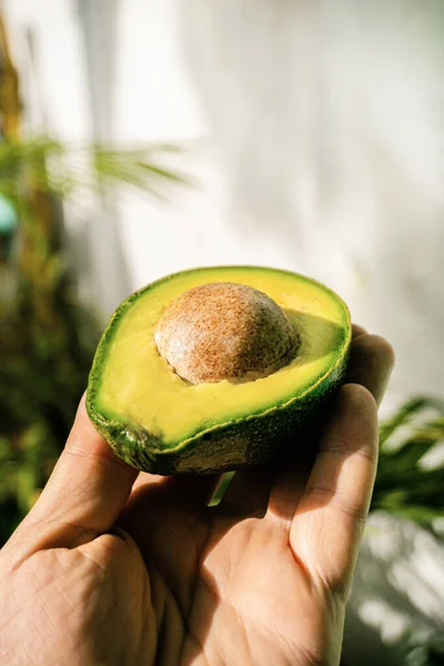 Avocado on a wooden bright background, healthy tropical fruit.