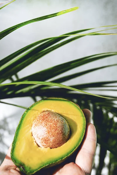 Avocado on a wooden bright background, healthy tropical fruit.