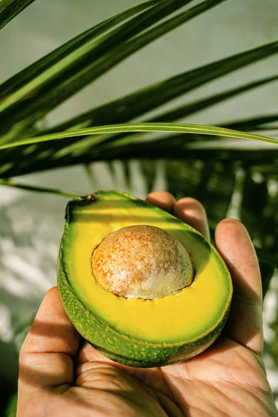 Avocado on a wooden bright background, healthy tropical fruit.
