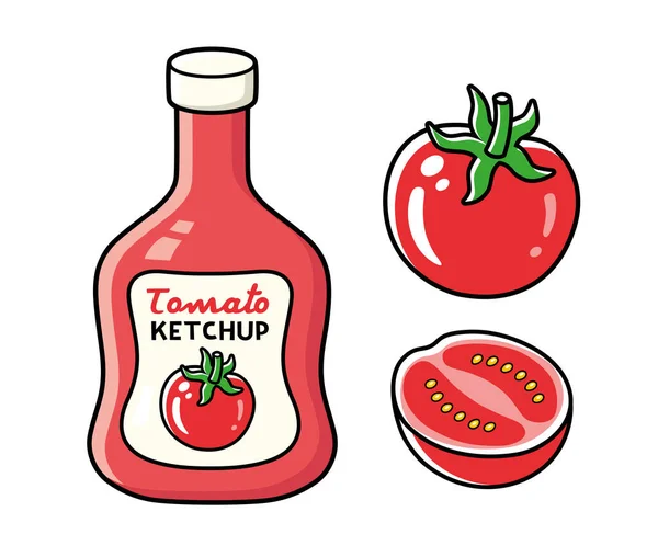 Butelka Keczupu Czerwony Pomidor Połową Izolacji — Wektor stockowy