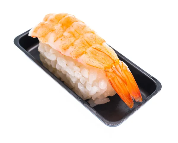 Sushi aux crevettes avec récipient en plastique isolé sur le backgr blanc — Photo