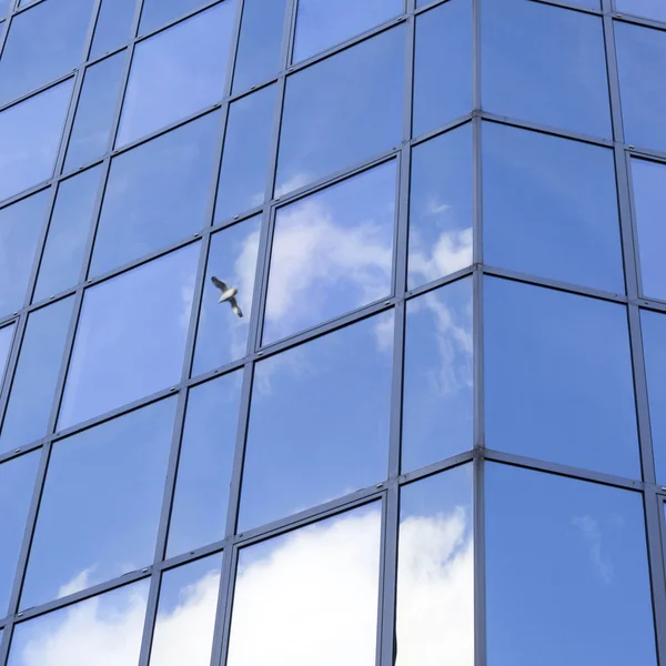 Facciata di vetro ufficio riflette nuvole e cielo blu — Foto Stock
