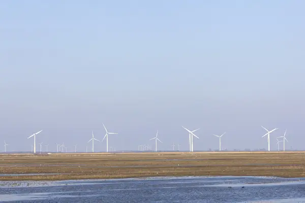 Wind turbines and blue sky above eempolder in holland — Stock Photo, Image