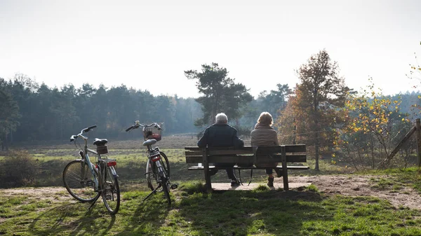 Casal no banco descansando de bicicleta viagem na floresta de outono perto de Zeist em holland — Fotografia de Stock