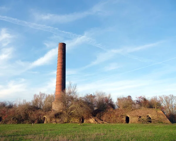 Ruïne van oude baksteenfabriek en schoorsteen bij wageningen in Nederland — Stockfoto