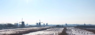 Güneşli kış gününde Hollanda 'da karla kaplı tarlalar ve anaokulu değirmenleri
