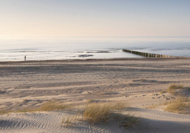 Yalnız figür, Hollanda 'nın kuzeyindeki sahilde gün batımında mavi gökyüzünün altında gezinir.