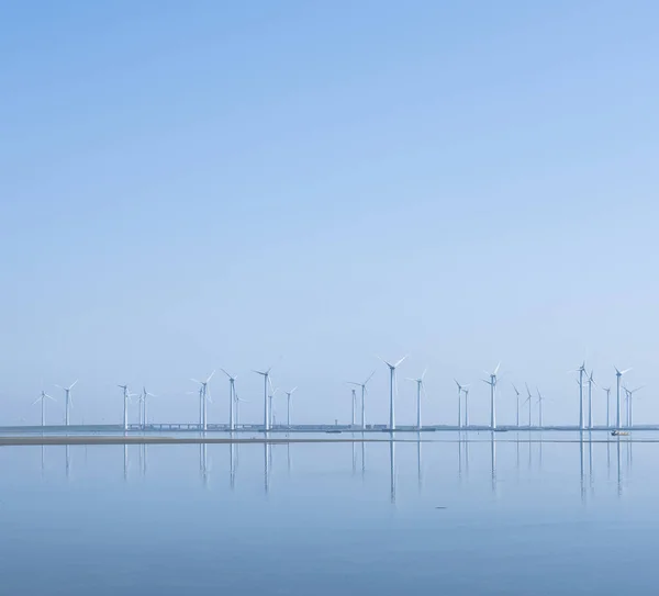Wind Turbines Reflected Water Philipsdam Dutch Province Zeeland Blue Sky — Stock Photo, Image