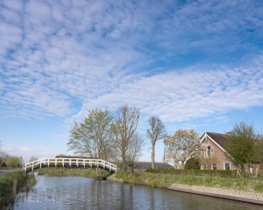 Hollanda 'da Lange Linschoten nehri boyunca uzanan köprü ve eski çiftlik Ouderwater yakınlarında baharda mavi gökyüzünün altında.