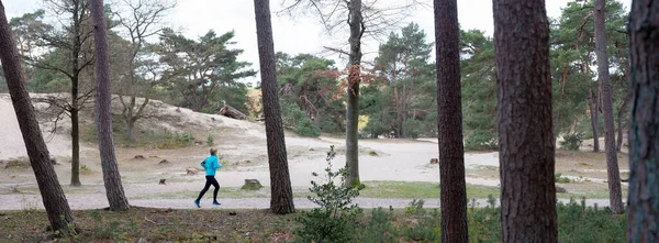 Mujer Corriendo Bosque Provincia Utrecht Holanda Cerca Pinos Dunas Arena —  Fotos de Stock