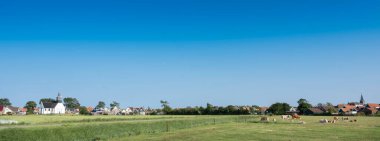 Hollanda 'nın Teksas adasında arka planda ineklerle ve çocuğumuzun köyüyle çayır manzarası