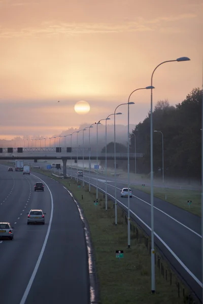 Fog in the morning on highway A28 near Utrecht De Uithof — Stock Photo, Image