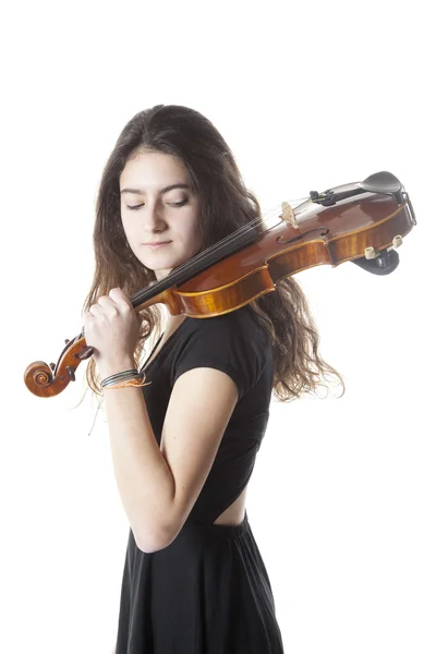 Adolescente detém violino em estúdio — Fotografia de Stock
