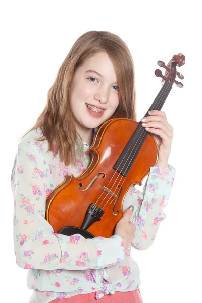 Νεαρό κορίτσι στο στούντιο κατέχει βιολί — Φωτογραφία Αρχείου