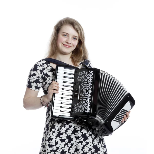 Teenage girl in studio with accordion — Stock Photo, Image