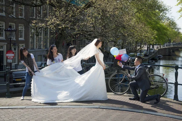 Novia y novio fotos en el puente sobre el canal de Amsterdam —  Fotos de Stock