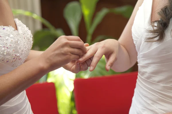 Two brides getting married exchange rings — ストック写真