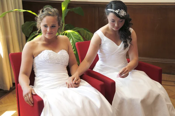 Two brides getting married hold hands — ストック写真