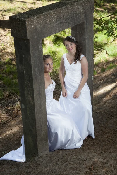 Picture of two brides under concrete object in nature surroundin — Stock Photo, Image