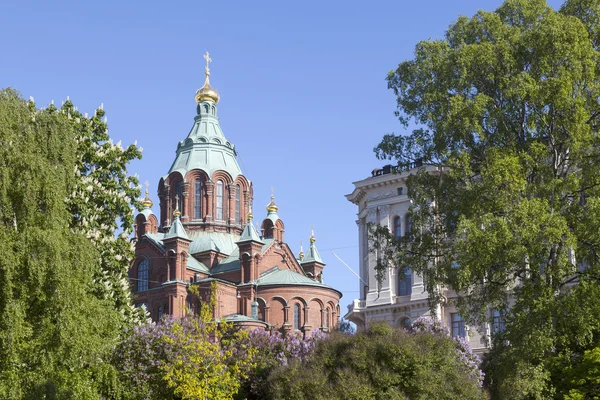 Uspenski catedral en helsinki con flor púrpura y blanca t — Foto de Stock