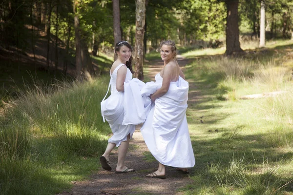 Dos novias caminan por el sendero del bosque con faldas en sus brazos —  Fotos de Stock