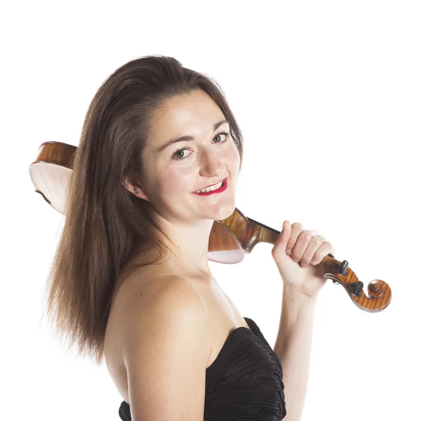 Brunette with violin on shoulder in studio — 스톡 사진