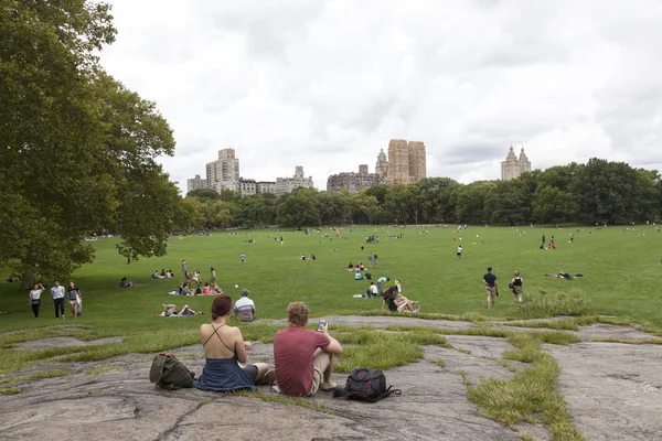New york city, 12 september 2015: people relax on grass in centr — Stock Photo, Image