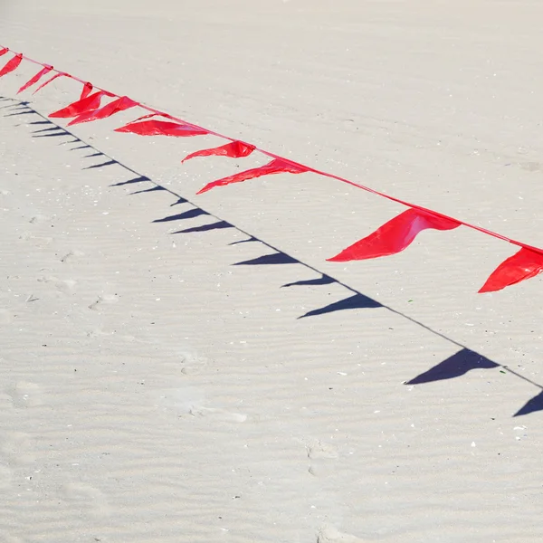 Small red flags against sand of beach — Stock Photo, Image