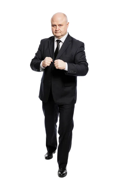 Middle Aged Man Strict Black Suit Fighting Stance Full Height — Stock Photo, Image