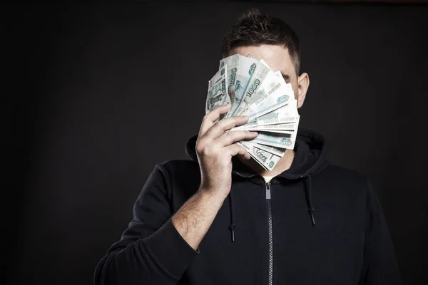 Young Man Covered His Face Fan Banknotes Financial Crisis Fall — Stock Photo, Image