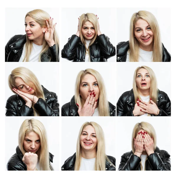 Mujer Rubia Joven Con Diferentes Emociones Collage Fondo Blanco Formato —  Fotos de Stock