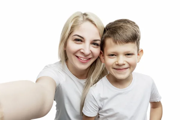 Young Blonde Mom Her Son Years Old Make Selfie Love — Stock Photo, Image