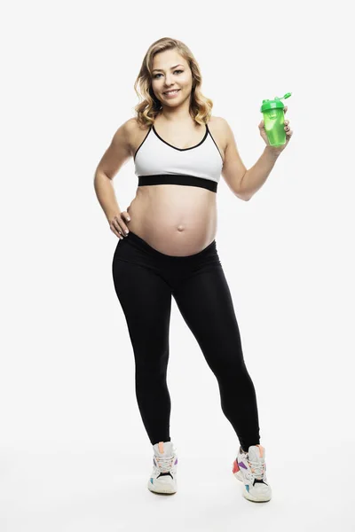 Young Smiling Pregnant Blonde Woman Sportswear Stands Healthy Motherhood Full — Stock Photo, Image