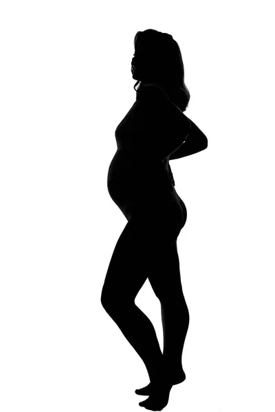 Hamile Bir Kadının Silueti Tam Yükseklik Beyaz Arka Planda Izole — Stok fotoğraf