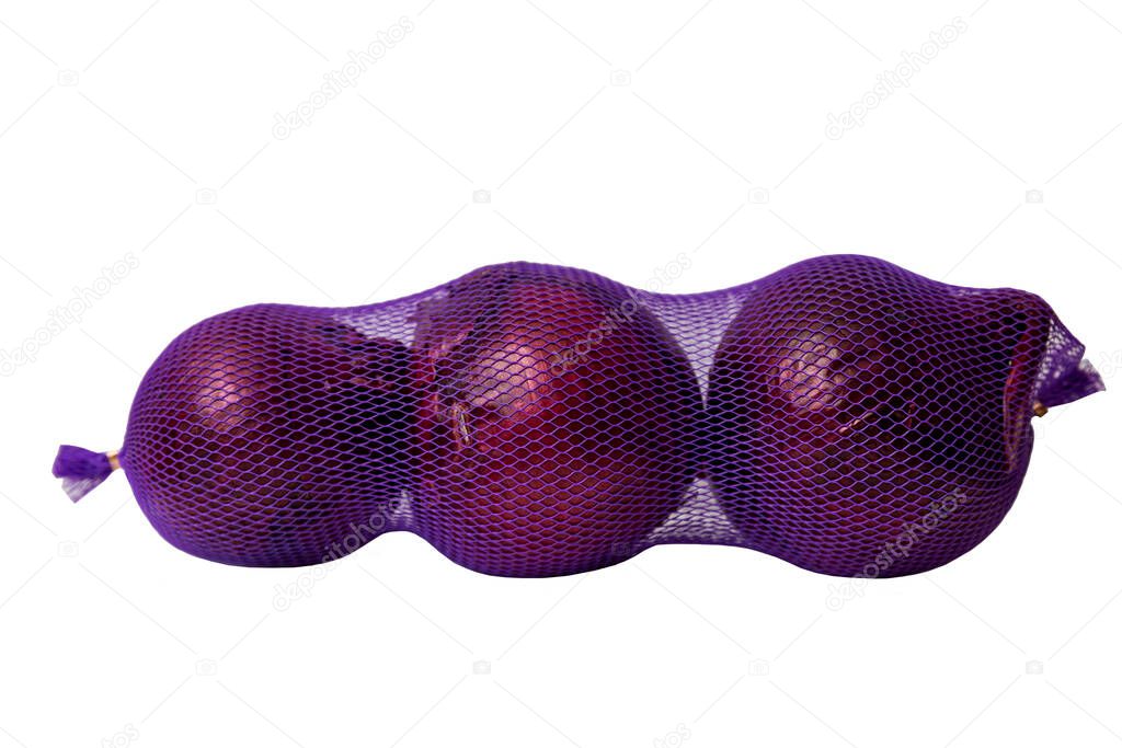 Red onions in a grid. Healthy food and vitamins. Strengthening immunity during the coronavirus pandemic. Isolated on white background.